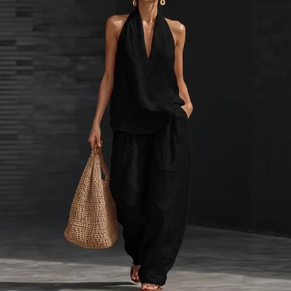Womens Sleeveless Linen Two-Piece Set