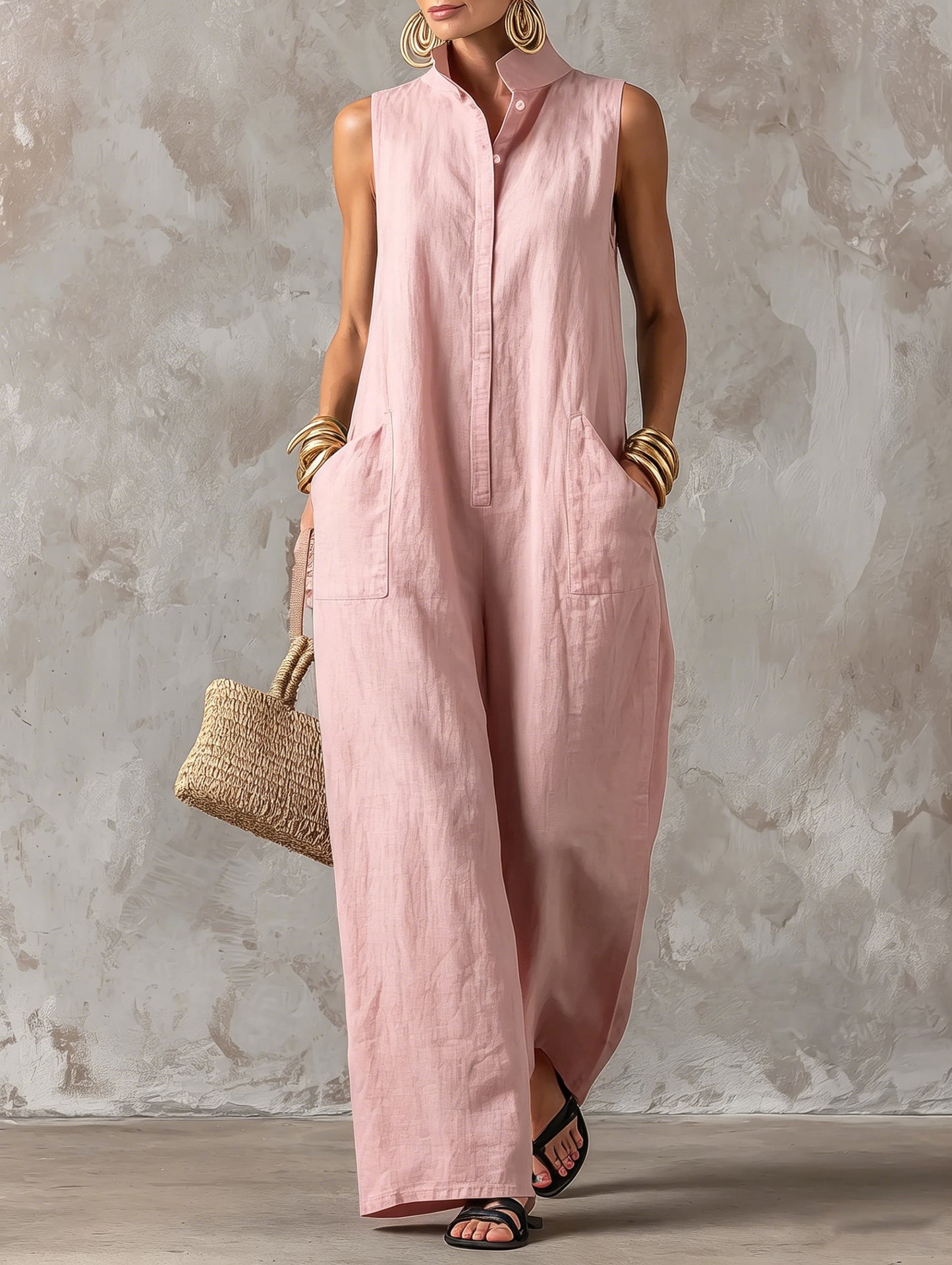 Sleeveless Linen Blend Wide-Leg Jumpsuit with Stand Collar
