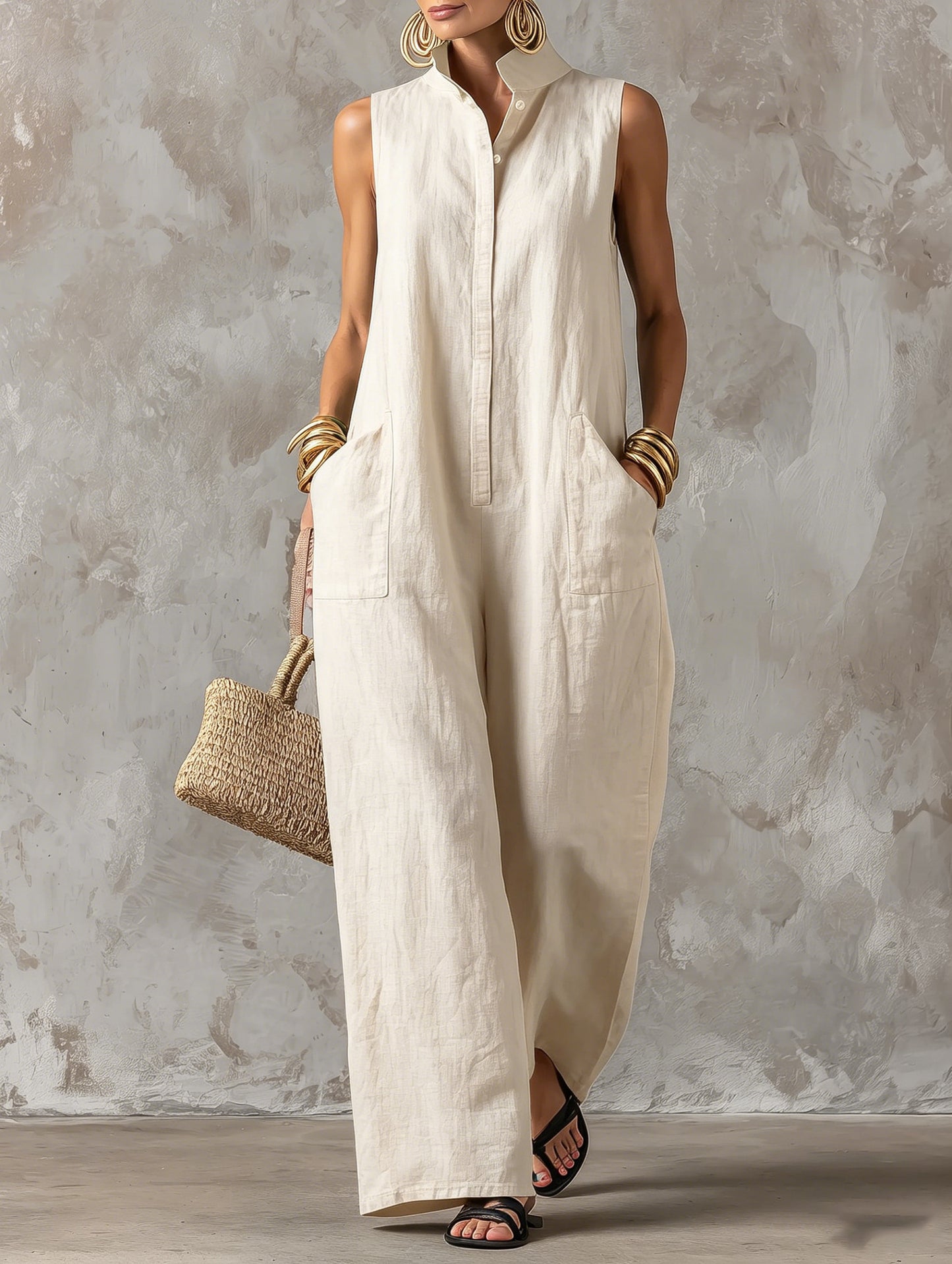 Sleeveless Linen Blend Wide-Leg Jumpsuit with Stand Collar