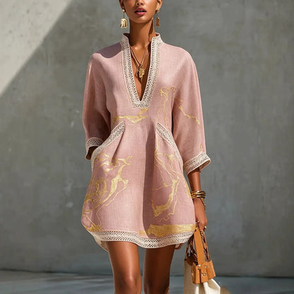 Donatella - Minivestido Elegante con Estampado de Mármol Dorado y Encaje