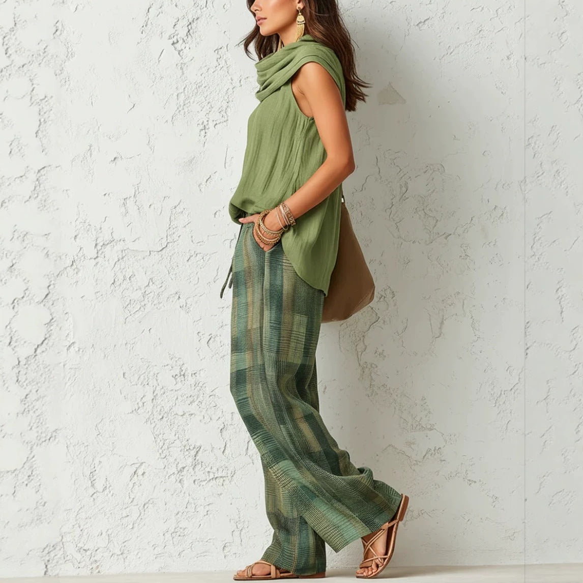 Women's Retro Sleeveless Top and Plaid Pants Set