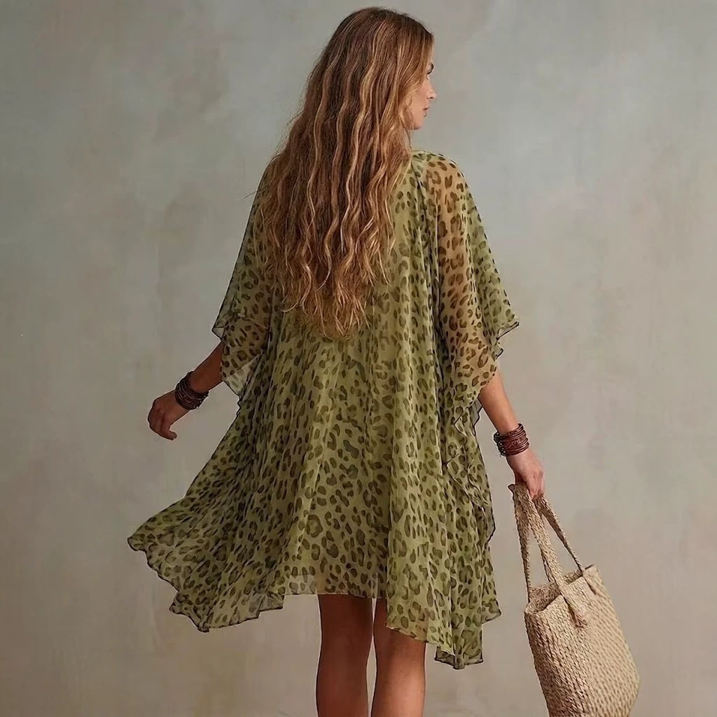 Vestido de chiffon con estampado de leopardo, de corte amplio y fluido, escote en V