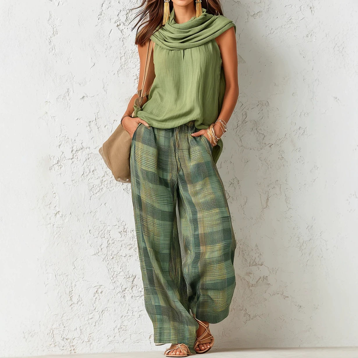 Women's Retro Sleeveless Top and Plaid Pants Set