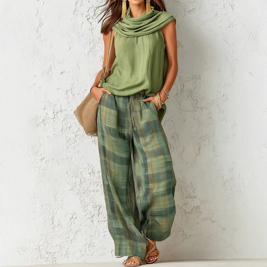 Women's Retro Sleeveless Top and Plaid Pants Set