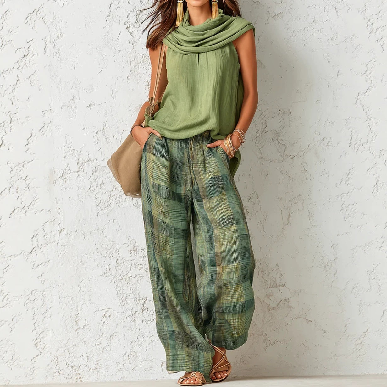 Women's Retro Sleeveless Top and Plaid Pants Set