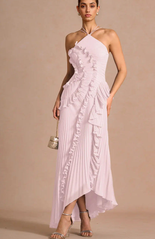 Pleated Halter Neck Backless Dress