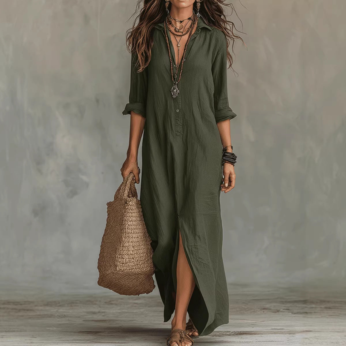 Casual Solid Color Lapel Front Slit Long Dress