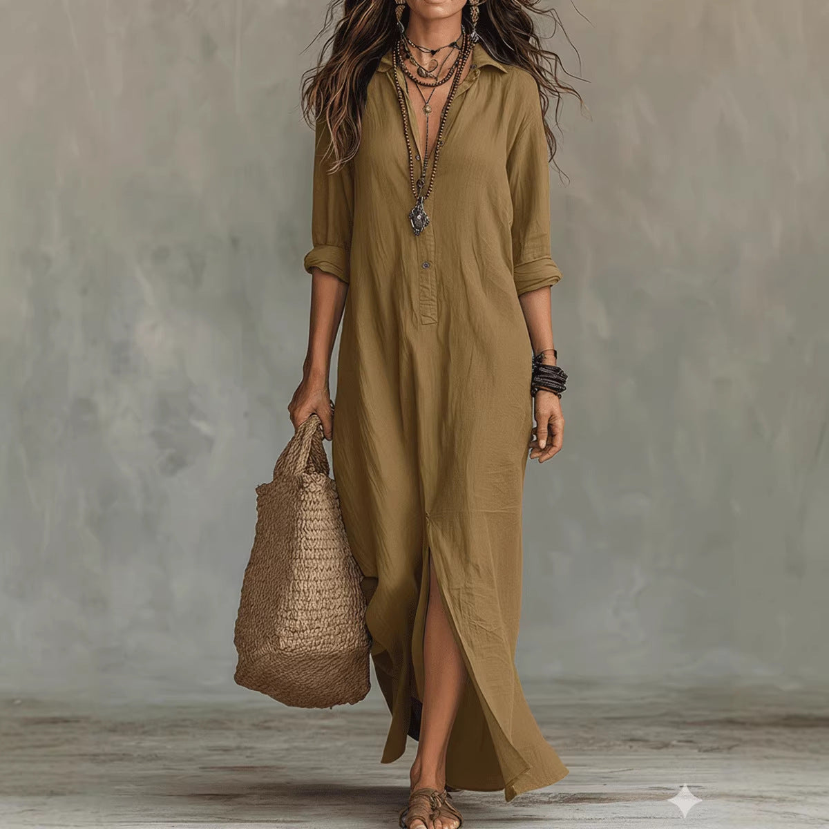 Casual Solid Color Lapel Front Slit Long Dress