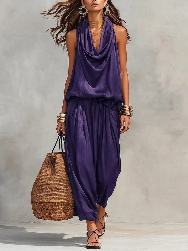 Women's Elegant Workwear Draped Collar Vest and Casual Pants Set
