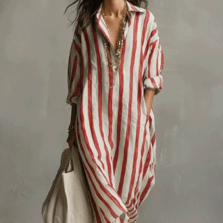 Casual Striped Shirt Bohemian Style Long Skirt