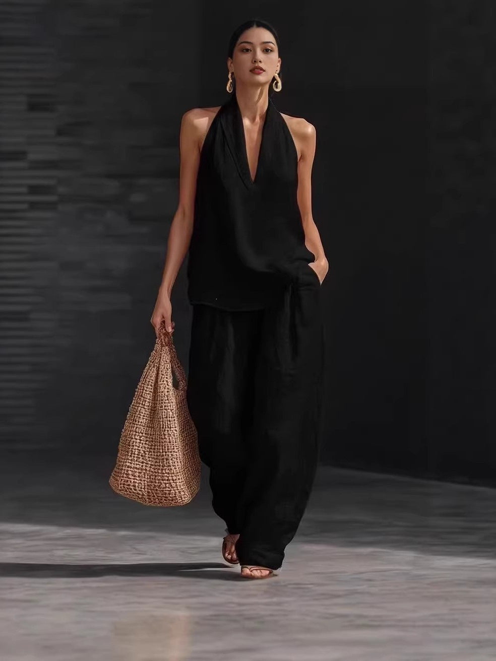 Sleeveless Loose Shoulder Strap Wide Leg Pants