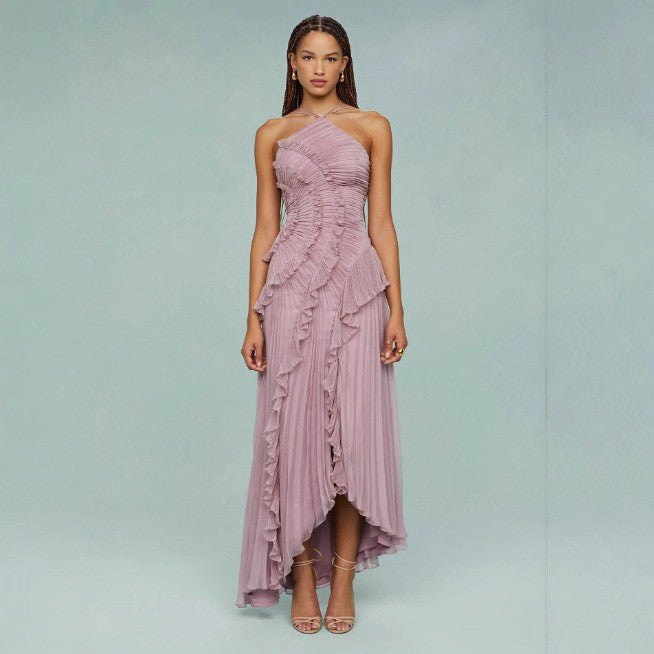 Pleated Halter Neck Backless Dress