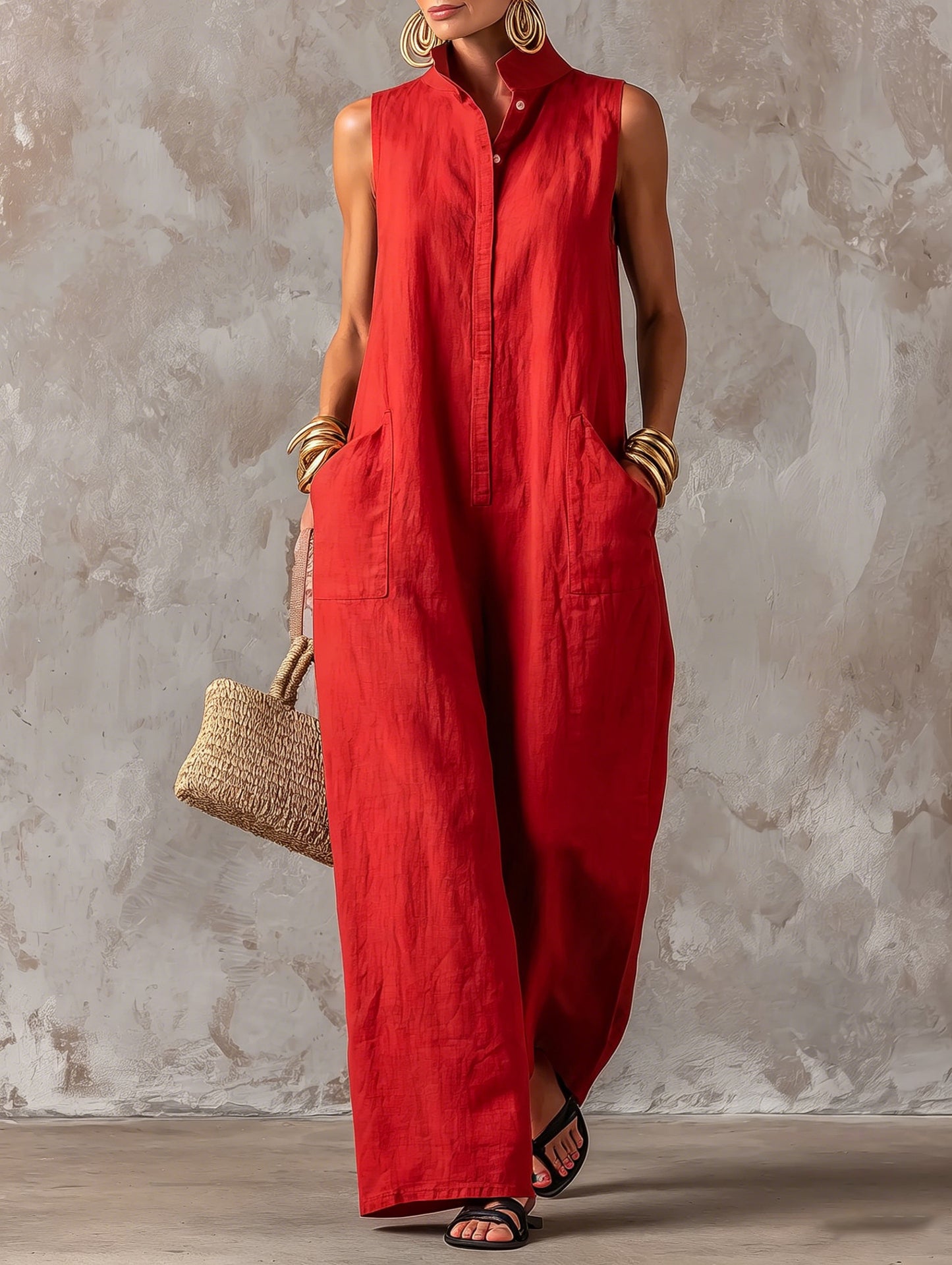 Sleeveless Linen Blend Wide-Leg Jumpsuit with Stand Collar