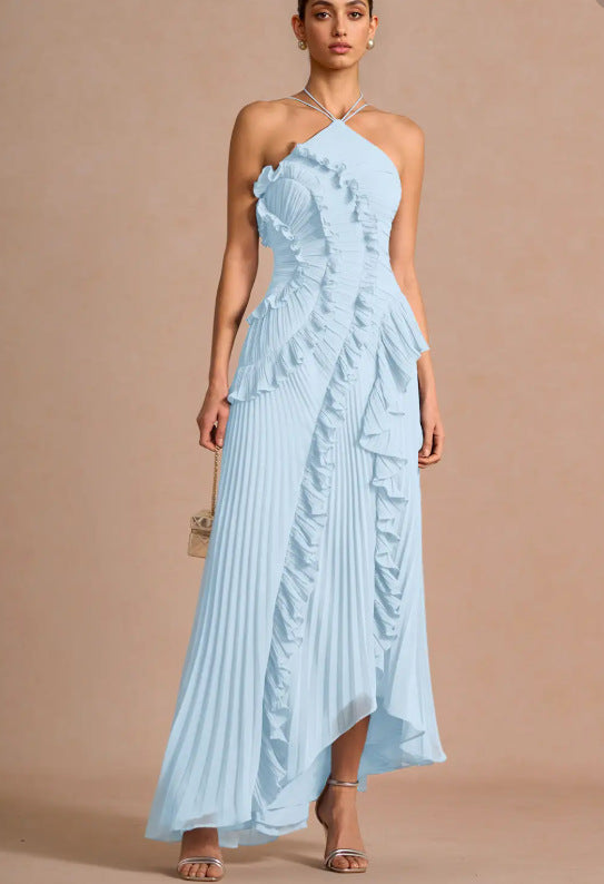 Pleated Halter Neck Backless Dress