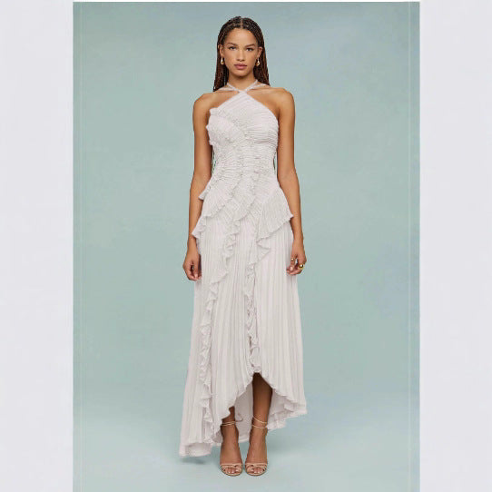 Pleated Halter Neck Backless Dress