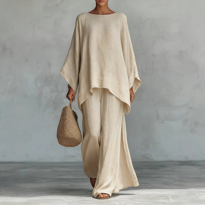 Womens Elegant Loose Cotton Linen Top Wide Leg Pants Casual Set