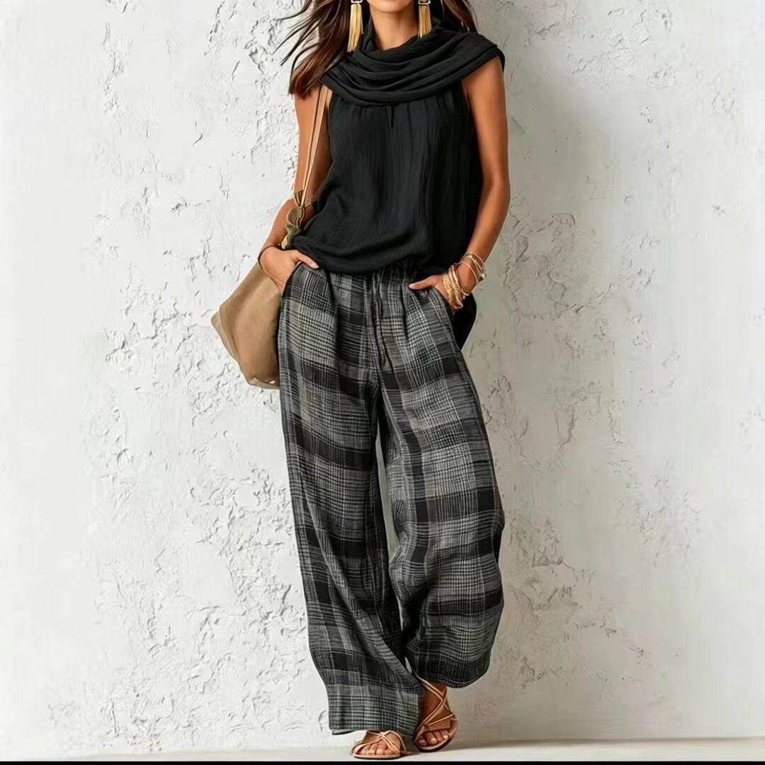Women's Retro Sleeveless Top and Plaid Pants Set