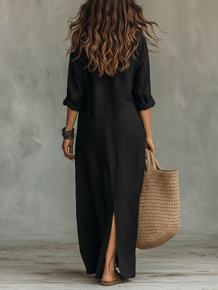 Casual Solid Color Lapel Front Slit Long Dress