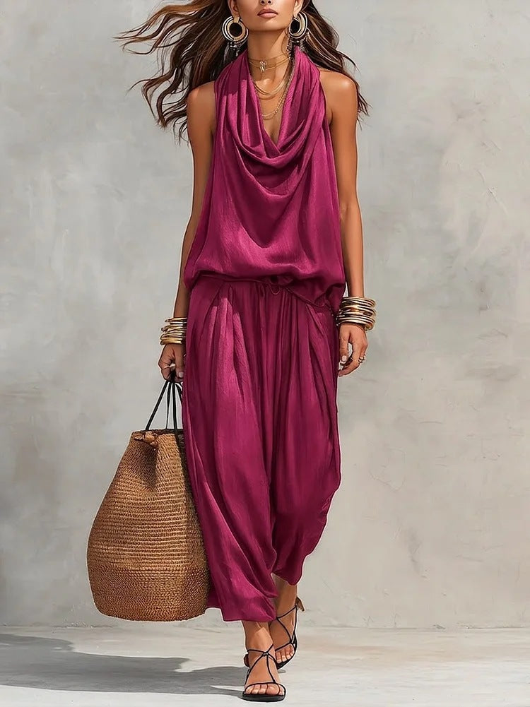 Women's Elegant Workwear Draped Collar Vest and Casual Pants Set