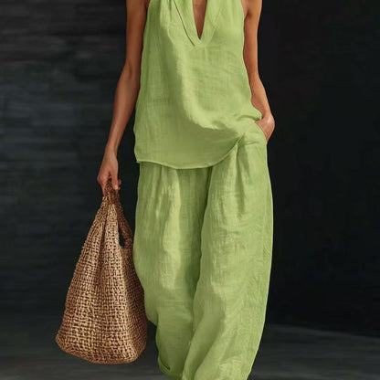 Womens Sleeveless Linen Two-Piece Set