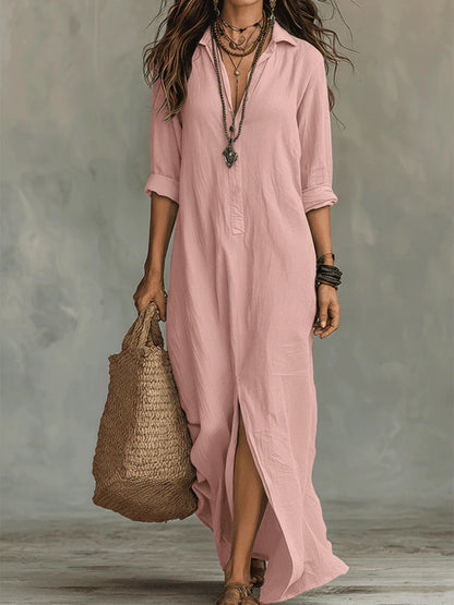 Casual Solid Color Lapel Front Slit Long Dress