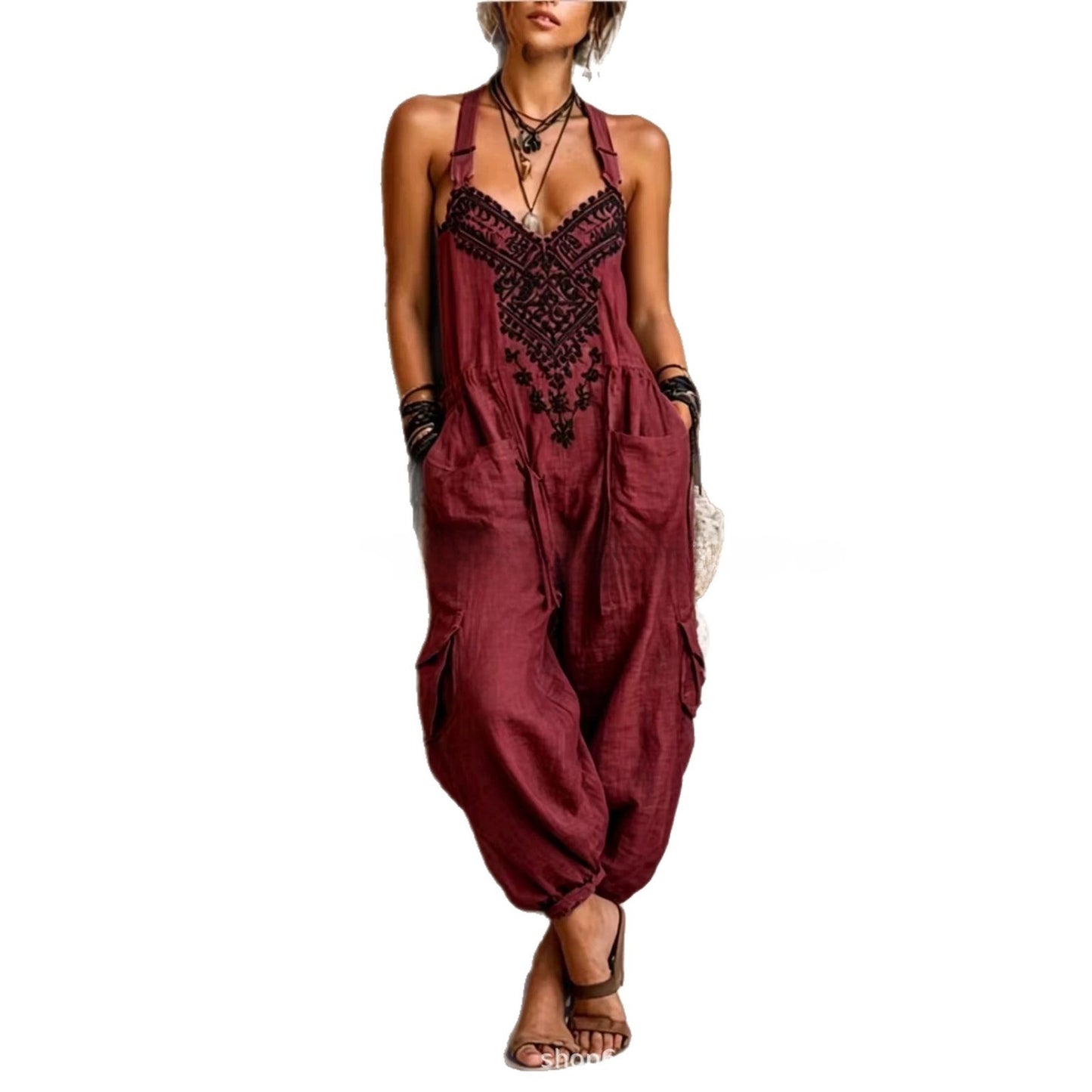Womens Printed V-Neck Sleeveless Wide-Leg Jumpsuit