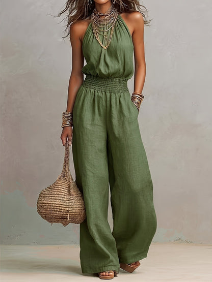 Solid-color sleeveless wide-leg jumpsuit