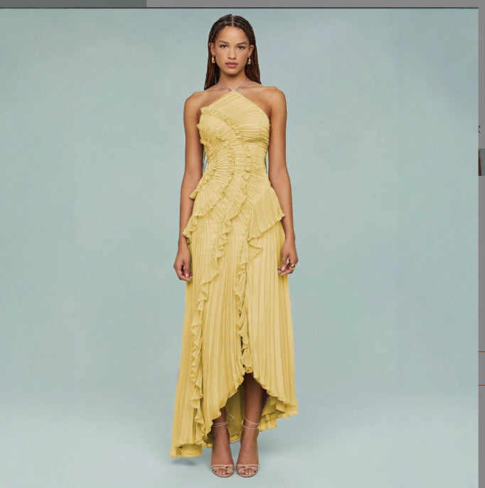 Pleated Halter Neck Backless Dress