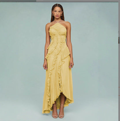 Pleated Halter Neck Backless Dress