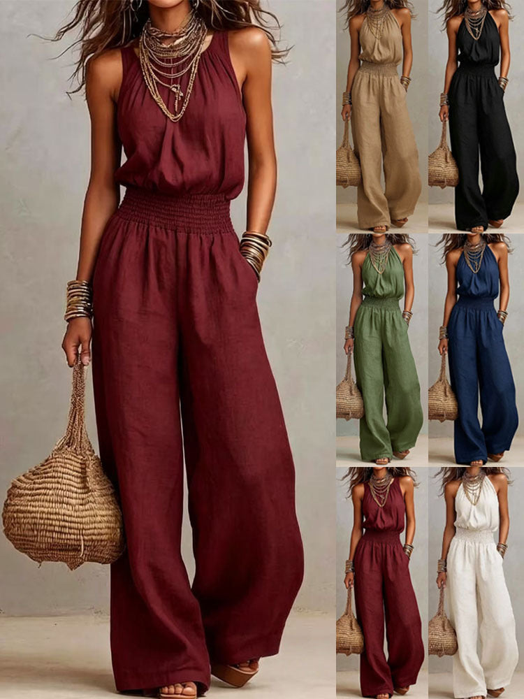 Solid-color sleeveless wide-leg jumpsuit
