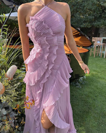 Pleated Halter Neck Backless Dress