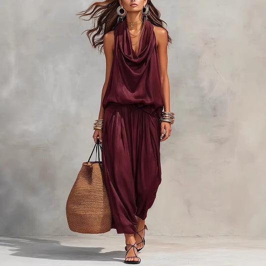 Women's Elegant Workwear Draped Collar Vest and Casual Pants Set