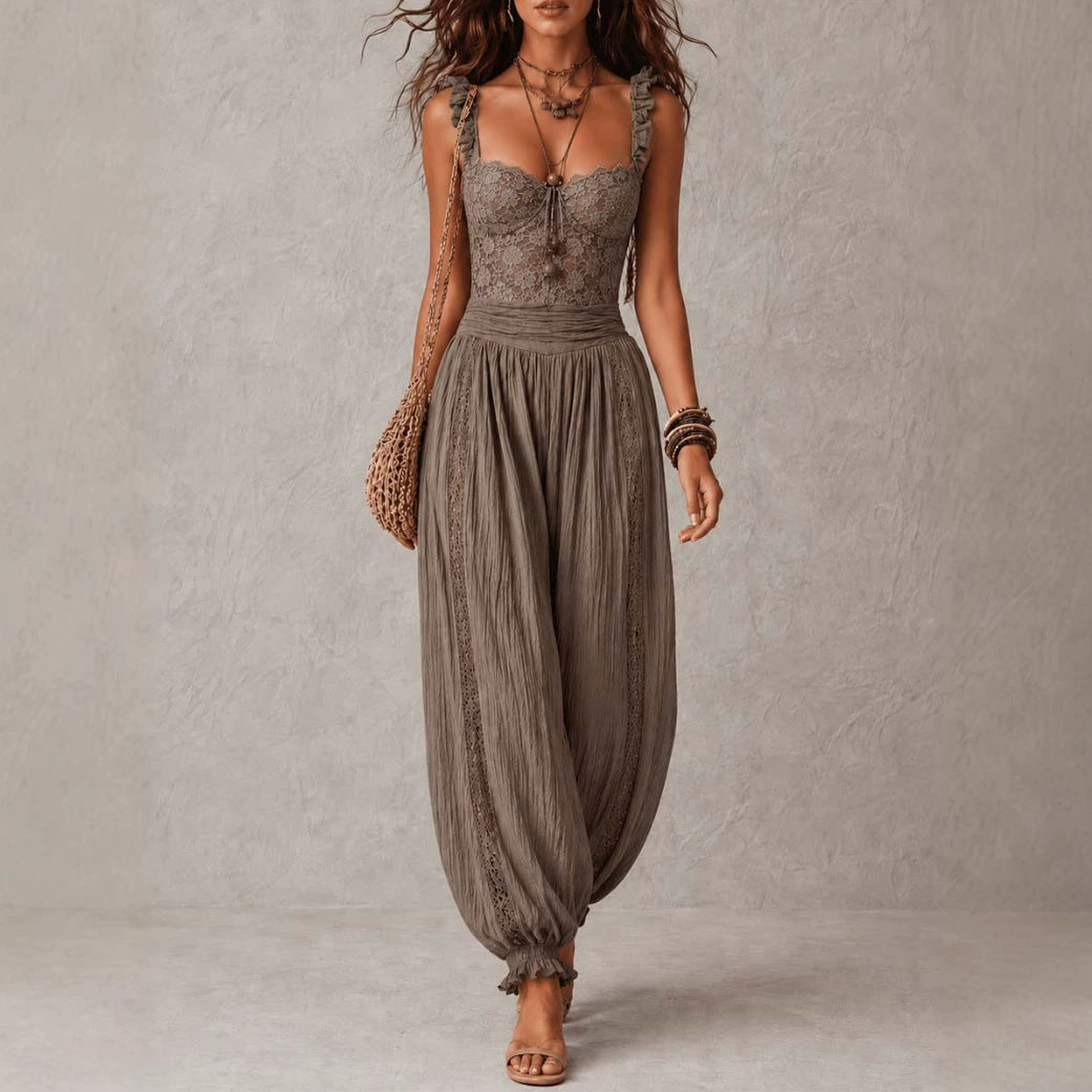 Conjunto de bandeau de encaje gris y pantalones harem de algod�n plisados