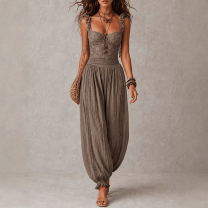 Conjunto de bandeau de encaje gris y pantalones harem de algod�n plisados