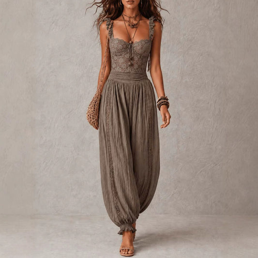 Conjunto de bandeau de encaje gris y pantalones harem de algod�n plisados