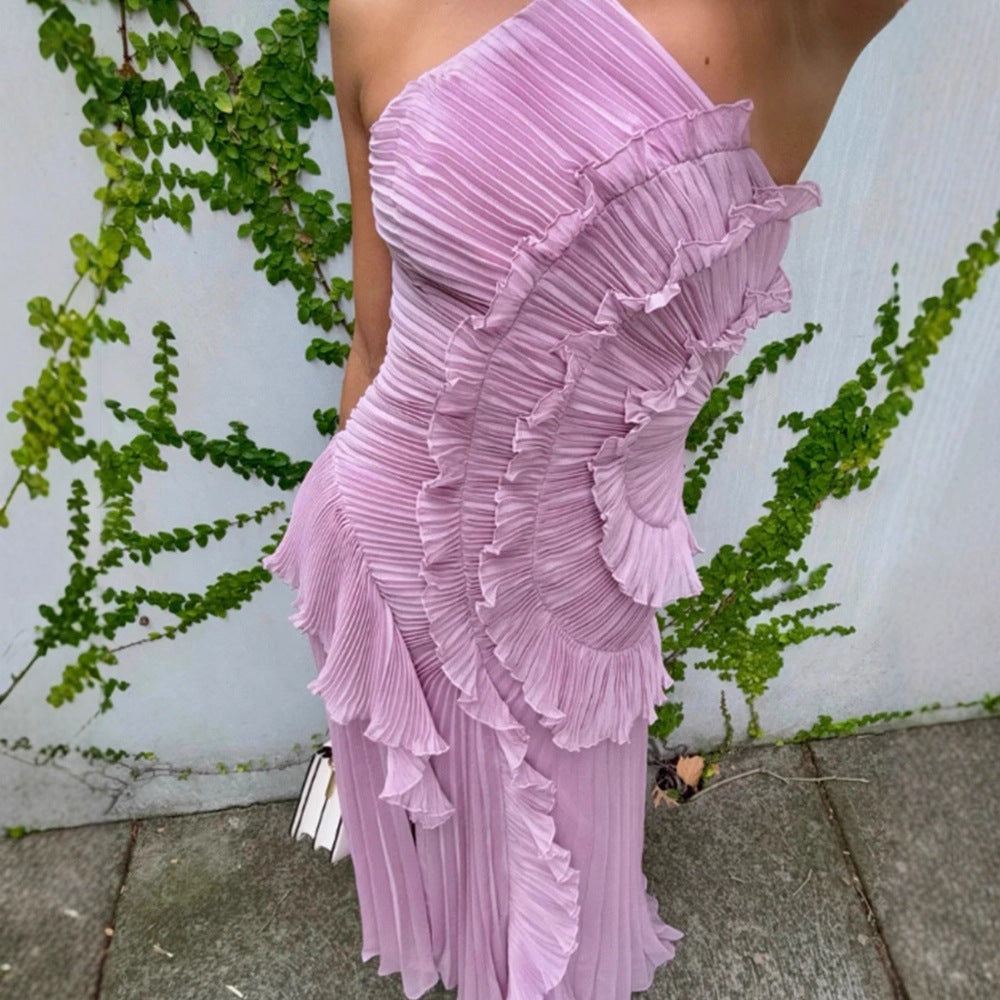 Pleated Halter Neck Backless Dress