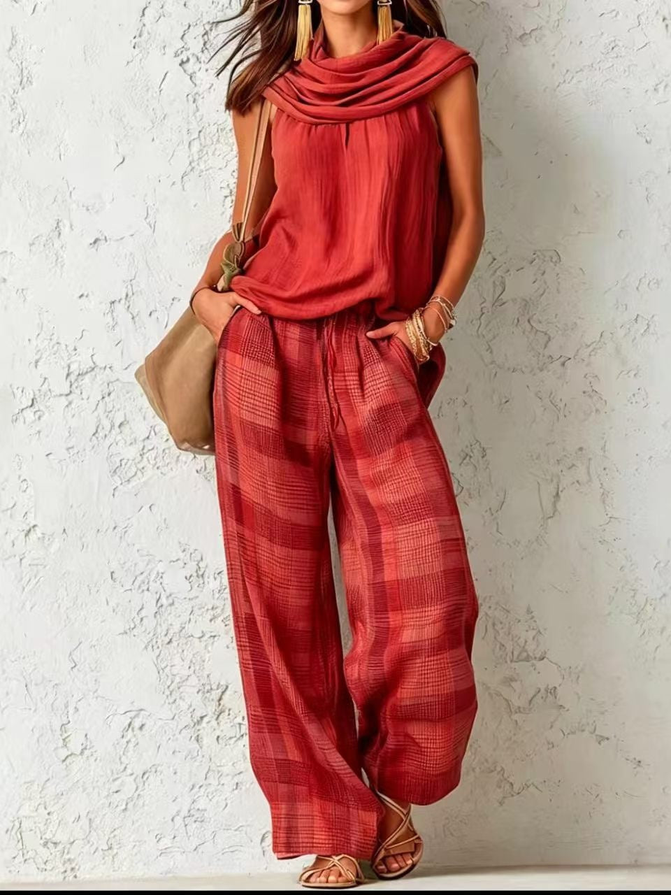 Women's Retro Sleeveless Top and Plaid Pants Set