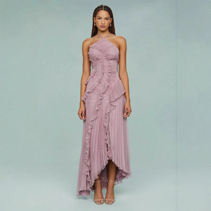 Pleated Halter Neck Backless Dress