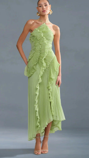 Pleated Halter Neck Backless Dress