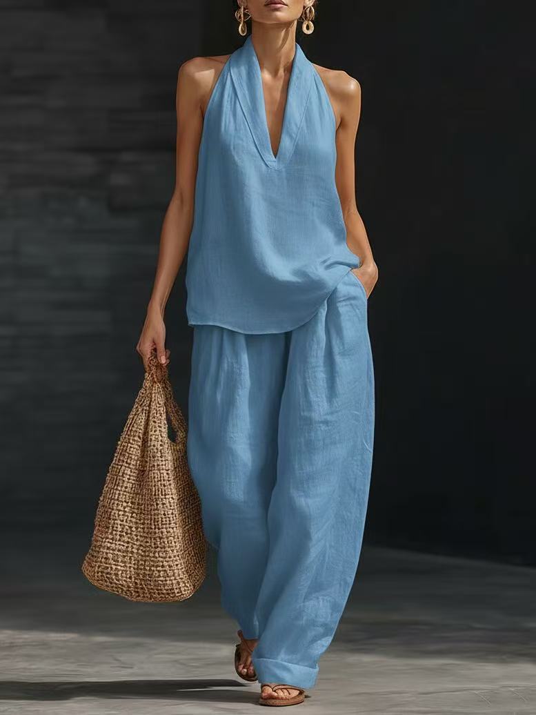 Womens Sleeveless Linen Two-Piece Set