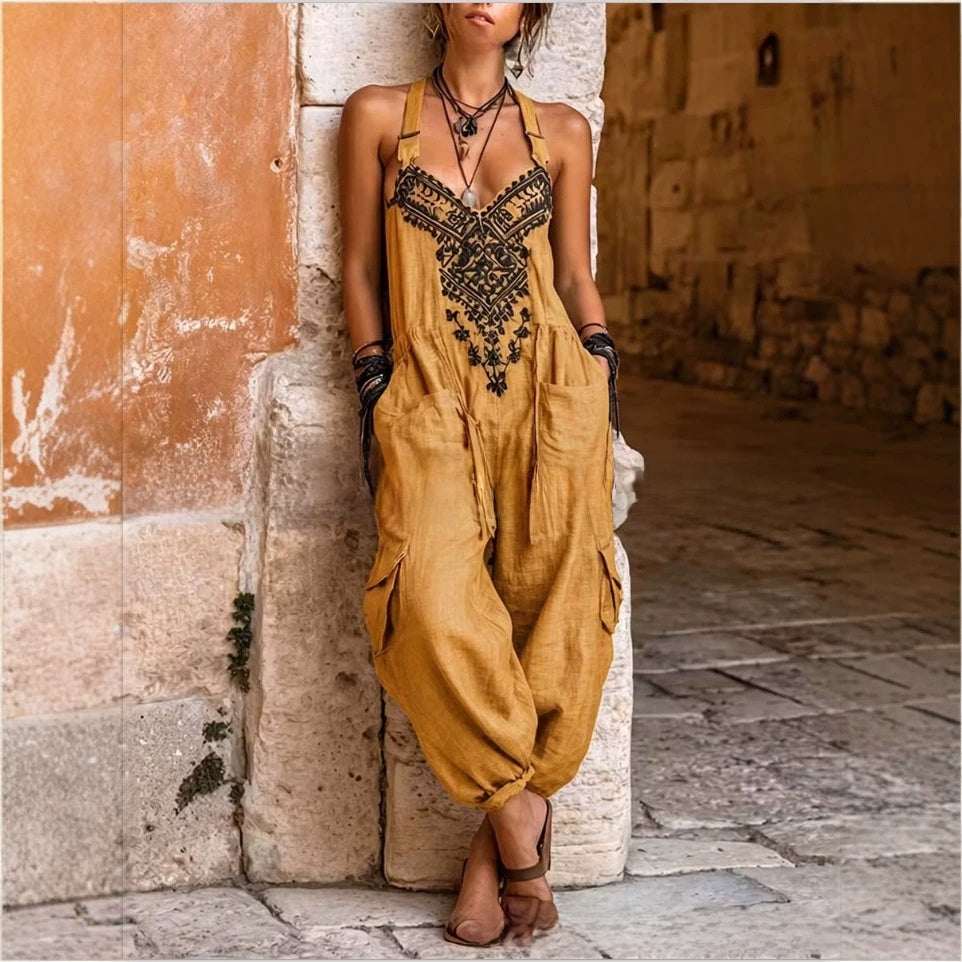 Womens Printed V-Neck Sleeveless Wide-Leg Jumpsuit