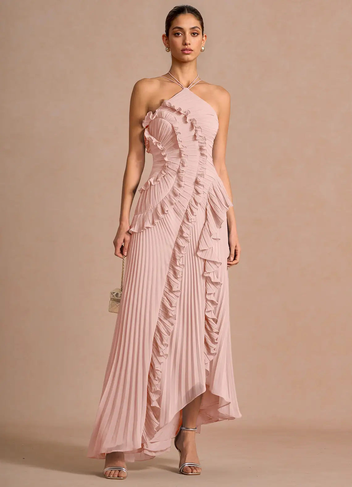 Pleated Halter Neck Backless Dress