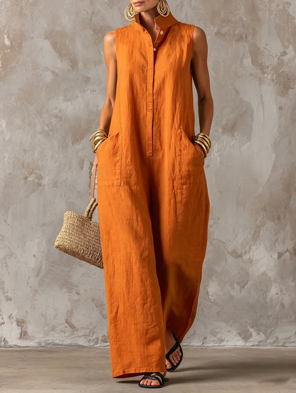 Sleeveless Linen Blend Wide-Leg Jumpsuit with Stand Collar