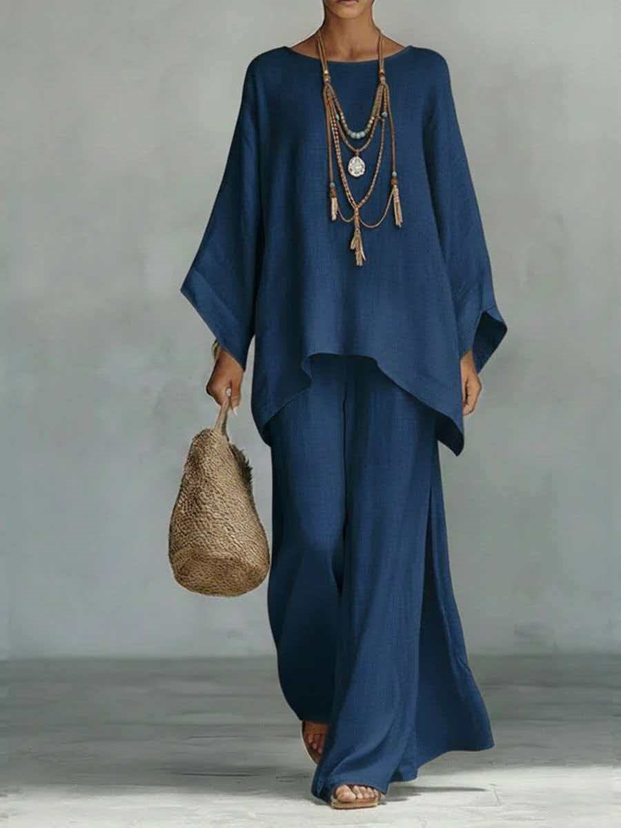 Womens Elegant Loose Cotton Linen Top Wide Leg Pants Casual Set