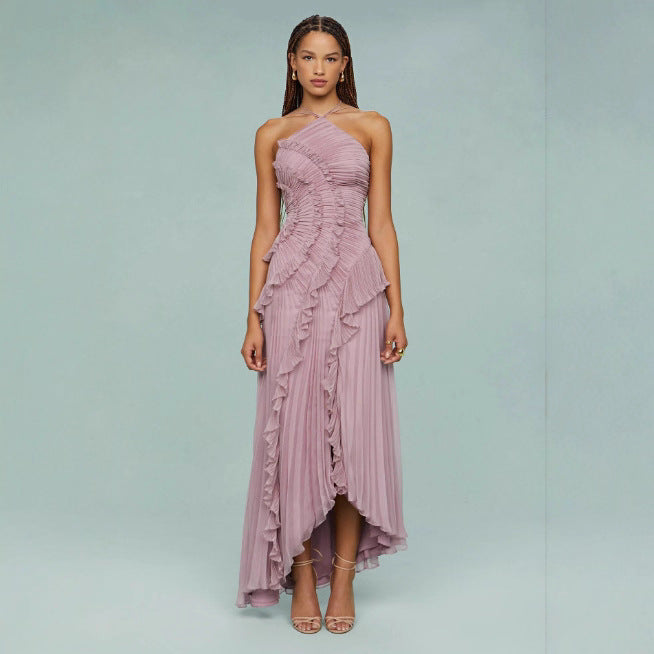 Pleated Halter Neck Backless Dress