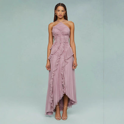 Pleated Halter Neck Backless Dress