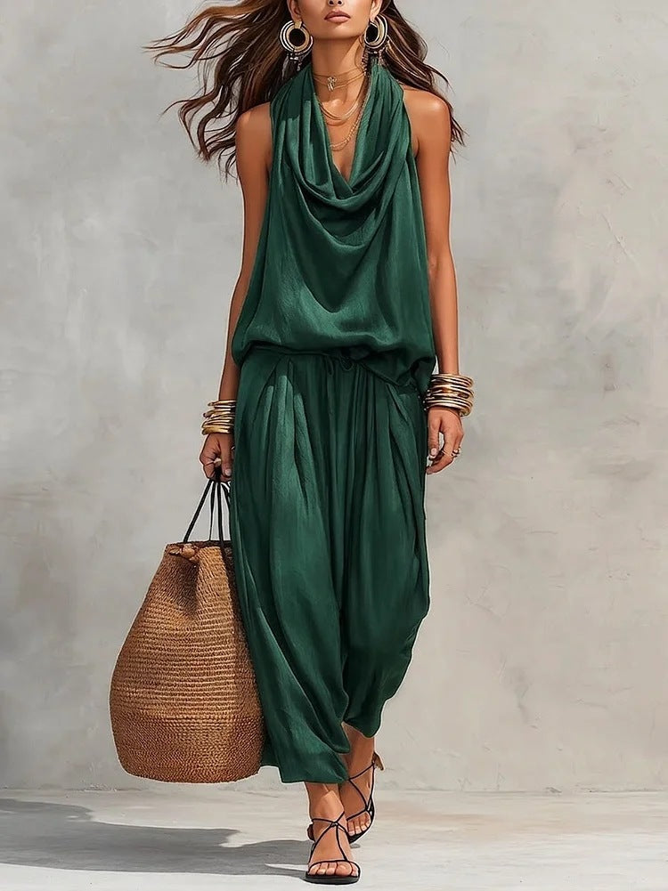 Women's Elegant Workwear Draped Collar Vest and Casual Pants Set