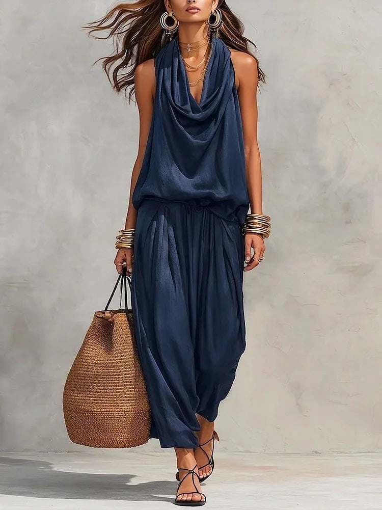 Women's Elegant Workwear Draped Collar Vest and Casual Pants Set