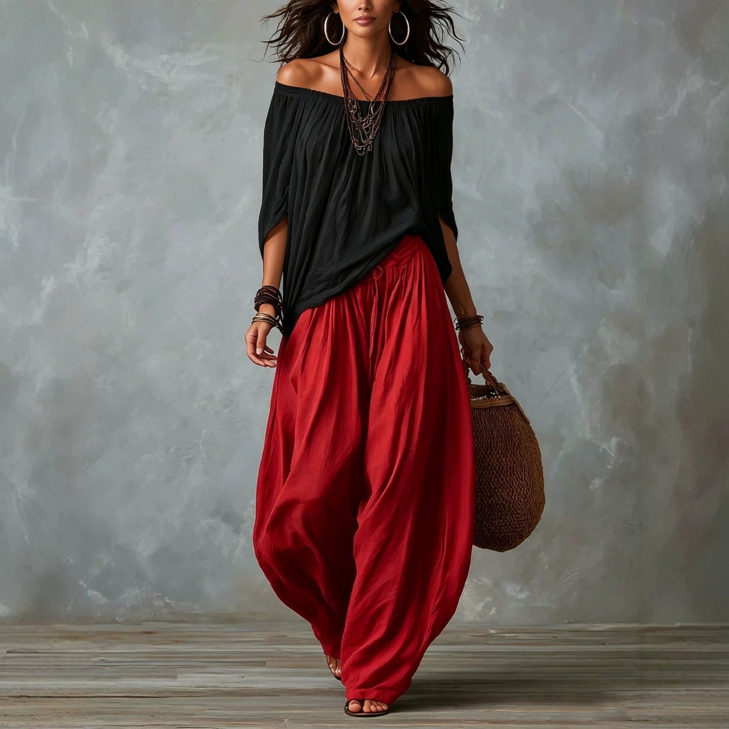 Conjunto blusa blanca hombros descubiertos y pantal�n palazzo negro