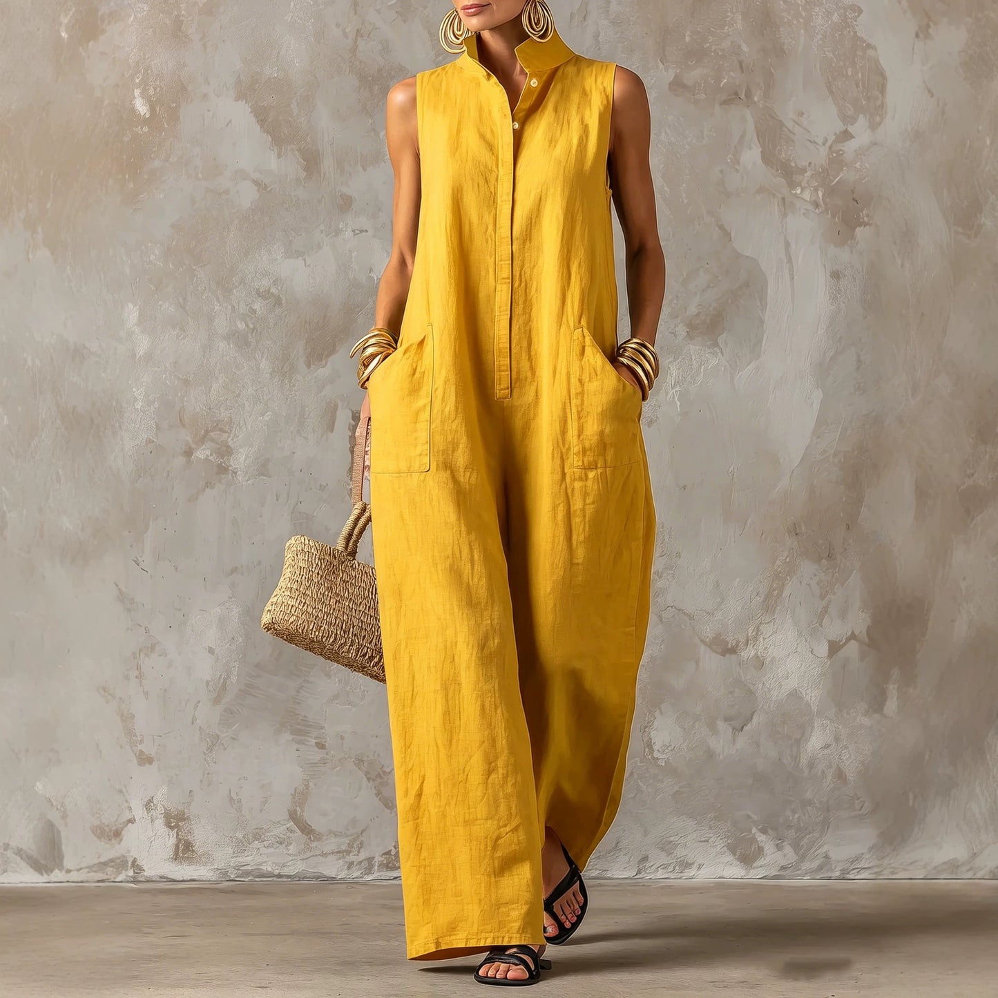 Sleeveless Linen Blend Wide-Leg Jumpsuit with Stand Collar
